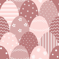 Easter Pattern with Different Easter Eggs. Beautiful Seamless Background. Happy Easter Design. Vector illustration in Pink, Brown, White