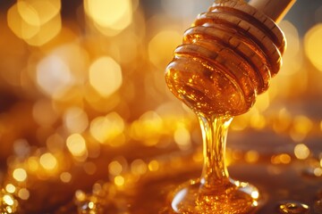Macro shot of golden honey being poured