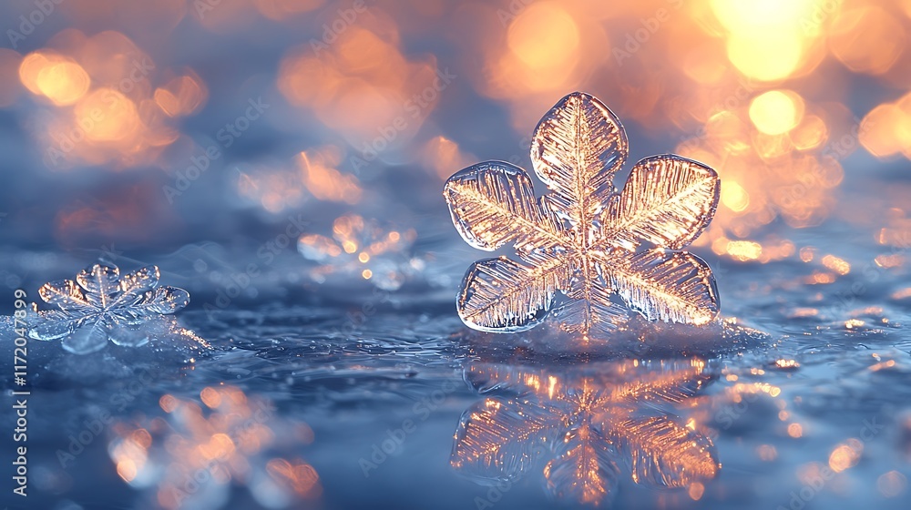Poster close-up of a large, detailed snowflake on ice with bokeh background.