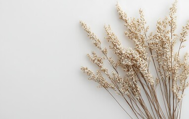 Dried flowers on white background, minimalist design, for website or blog.