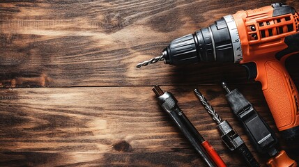 Cordless drill and bits on wood.