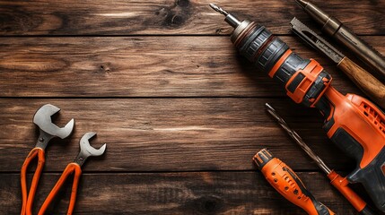 Top view of tools on wooden background.