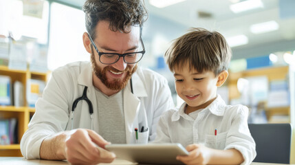 Fototapeta premium doctor and young boy are engaged in joyful learning moment, reviewing digital tablet together in bright, educational environment. Their smiles reflect positive interaction