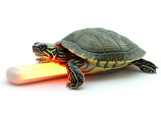 Obraz premium A turtle resting on a glowing light stick.