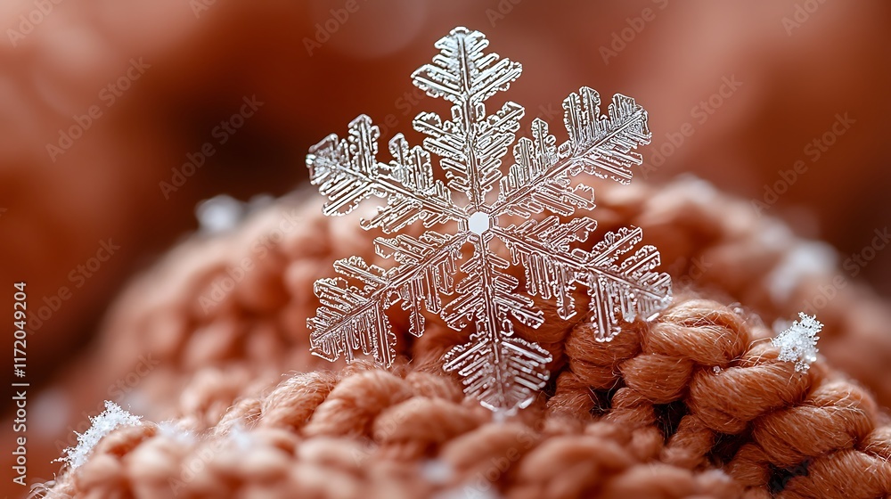 Poster close-up of a single, intricate snowflake resting on a textured, peach-colored surface.