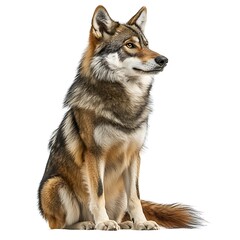 Fototapeta premium Iberian wolf sitting, isolated on white, wildlife photography, nature stock.