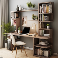 Modern Home Office Desk with Builtin Bookshelves and Laptop