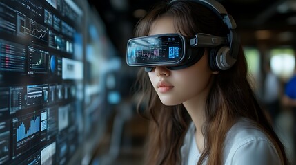 Woman using VR headset, analyzing data.