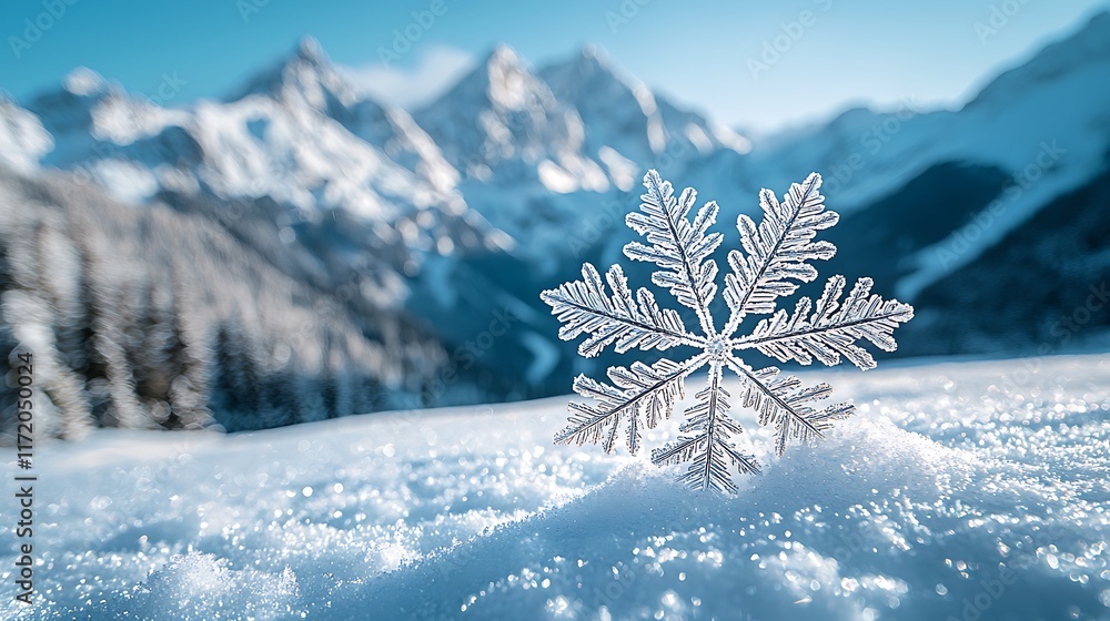 Poster close-up of a snowflake on snow with mountains in background.