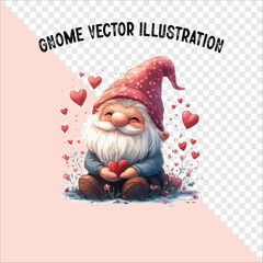  gnome vector with a heart and striped hat. A Pink gnome and hearts with a striped hat.