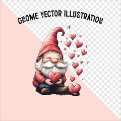  gnome vector with a heart and striped hat. A Pink gnome and hearts with a striped hat.