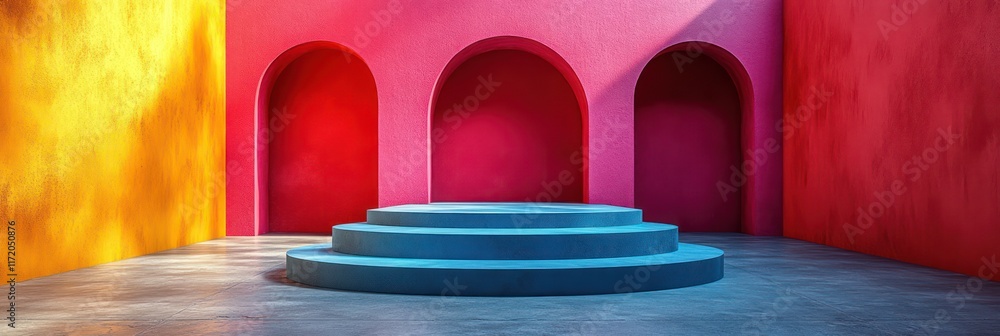 Aufkleber vibrant architecture with colorful arches and steps in geometric design interior setting