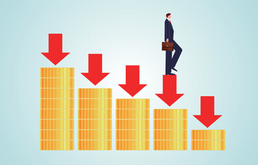 traders going down the falling arrow on the dwindling pile of gold coins.