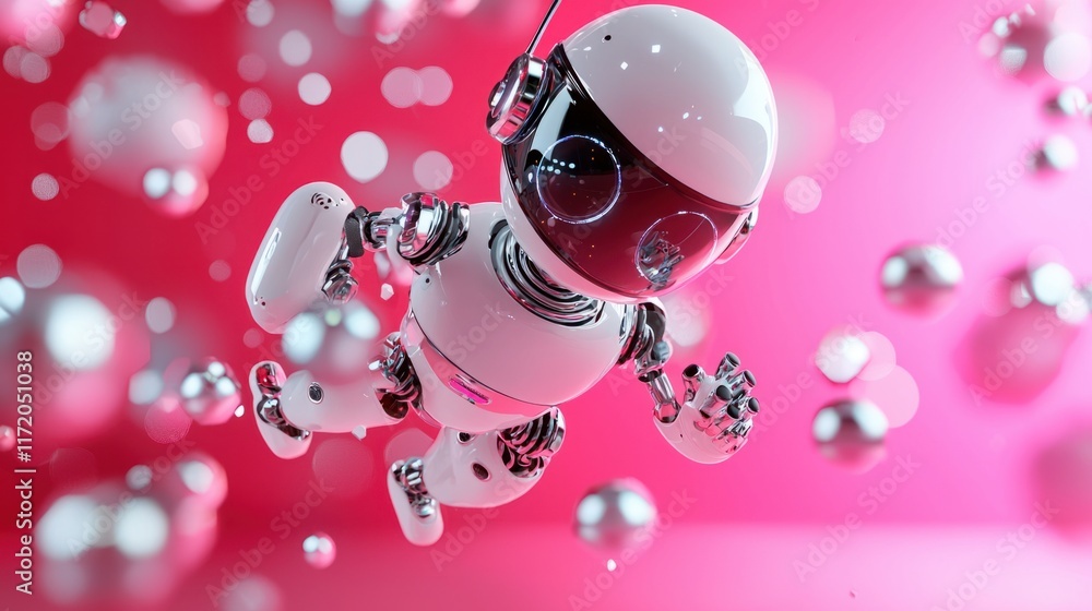 Poster futuristic robot floating in air surreal pink background 3d animation bright environment close-up te