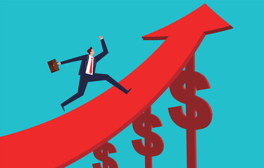 businessmen running on the arrow of dollar support