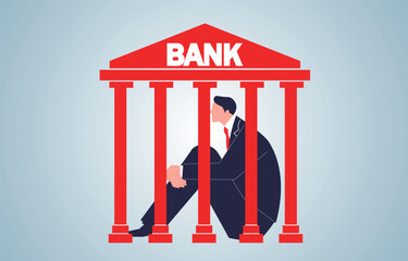Businessman huddled inside a bank, financial problems or financial problems, financial loan or mortgage debt stress