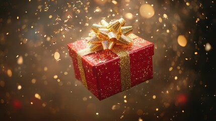 A luxurious red gift box adorned with a shimmering gold bow, perfect for expressing love on Valentine's Day.