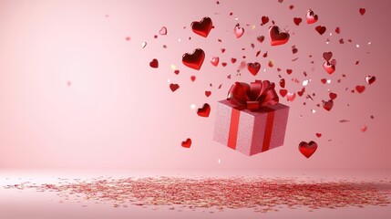 A beautifully wrapped gift box adorned with a bow, releasing vibrant hearts that symbolize love and affection for Valentine's Day.