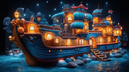 Obraz premium Enchanted Pirate Ship at Night: A Whimsical 3D Render
