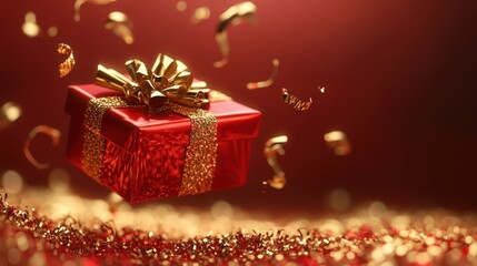 A vibrant red gift box adorned with a gold bow, surrounded by falling confetti, symbolizing love and celebration for Valentine's Day.