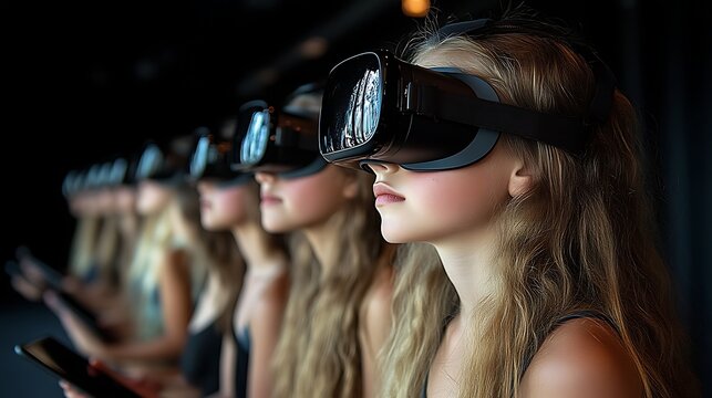 Girls in VR headsets experiencing virtual reality.