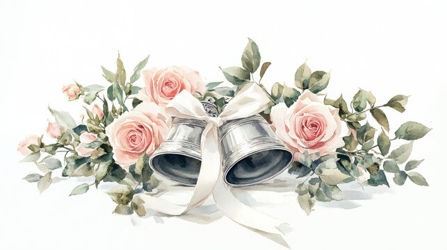 Valentine's Day delicate watercolor painting of two silver bells surrounded by pink roses and greenery, evoking romantic