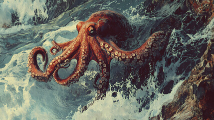 Fototapeta premium Octopus in the water climbing onto rocky shore - vintage style digital painting - generative ai. Tidepool. Illustration