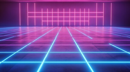 Neon Grid Lines Illuminate Purple Room Floor And Wall