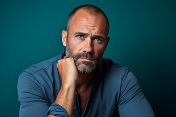 Fototapeta premium A contemplative man poses thoughtfully against a teal background.