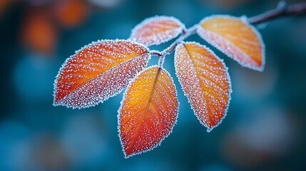 Close-up of frost-covered orange autumn leaves on a branch against a blurred teal background.