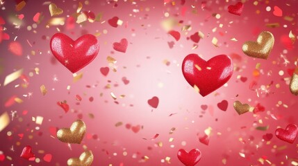 Colorful hearts drift through the air, surrounded by shimmering confetti and gold accents, creating a festive Valentine's Day atmosphere.