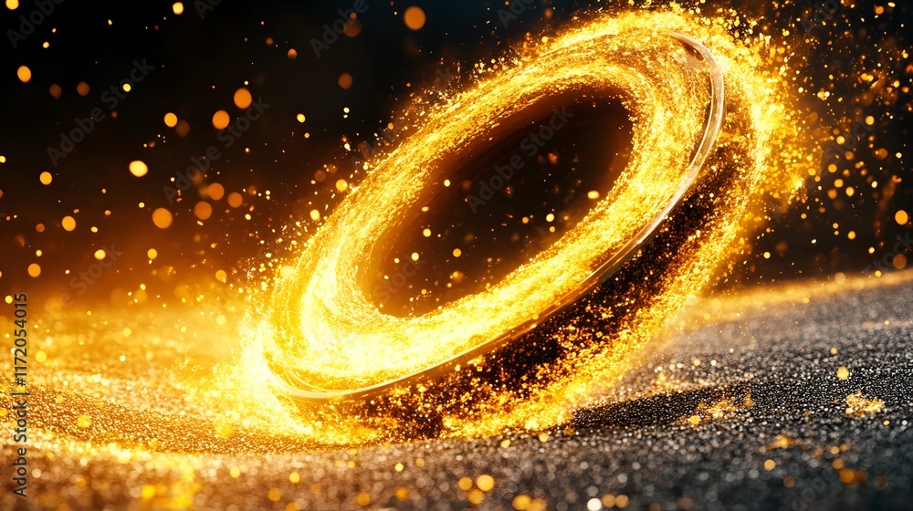 Poster dynamic golden ring surrounded by glimmering particles creating an enchanting visual effect on a dar