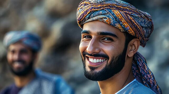 Smiling man wearing traditional Omani headwear, a kumma, with friends in the background