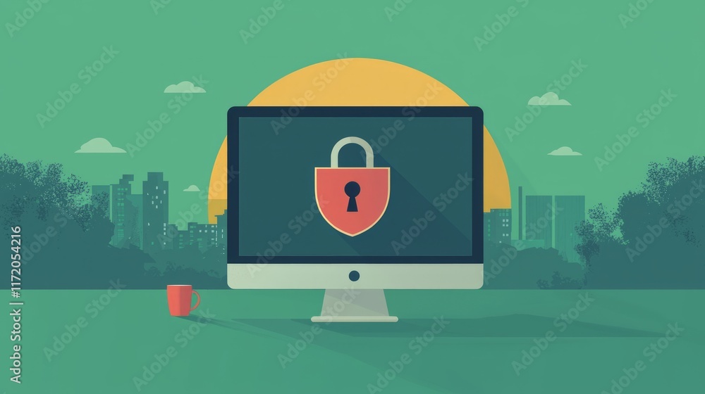 Poster computer screen displaying a padlock icon, symbolizing online security, set against a cityscape back