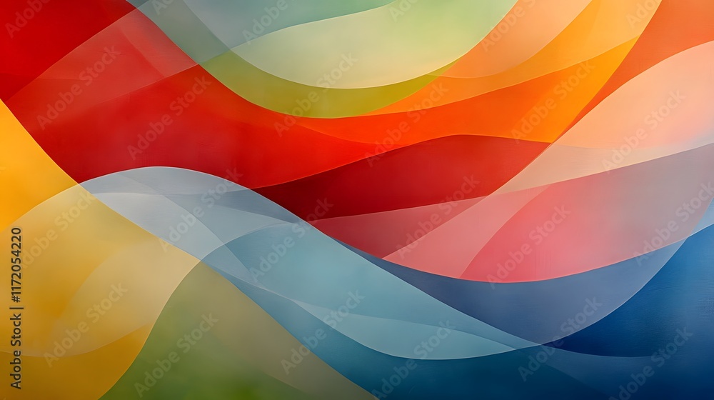 Poster abstract wavy background with layers of red, blue, yellow, and green tones creating a soft and dynam