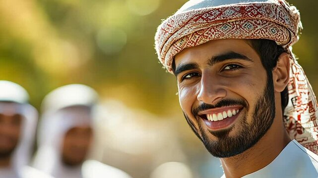 Smiling man wearing traditional Omani headwear, a kumma, with friends in the background