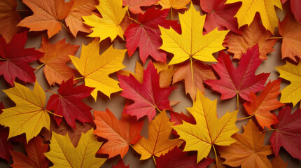 Fototapeta premium A graphic resource or wallpaper with an autumn theme. Yellow, orange and red maple leaves scattered on a beige background. Seasonal asset for Fall.