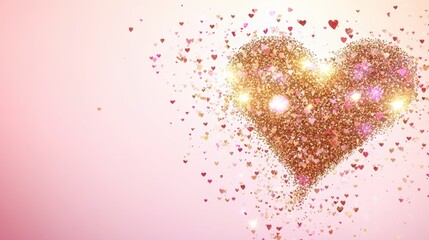 A beautiful display of heart-shaped golden glitters on a soft pink background, perfect for celebrating love on Valentine's Day.