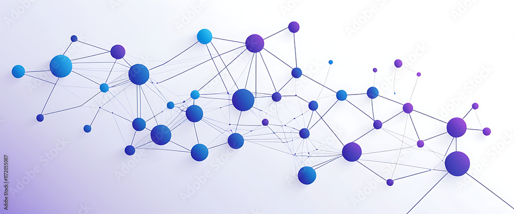 Poster white background, gradient blue to purple, vector graphic of simple lines and dots connecting the sh