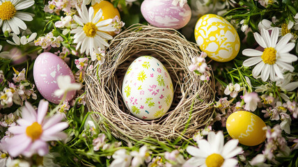 A floral Easter card with vibrant spring blooms framing an open space at the center, perfect for writing heartfelt Easter wishes. Soft pastel tones create a warm and festive holiday atmosphere.