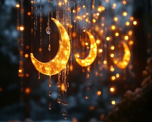Illuminated crescent moons hang amidst melting icicles and warm bokeh lights.