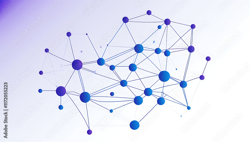 Poster white background, gradient blue to purple, vector graphic of simple lines and dots connecting the sh