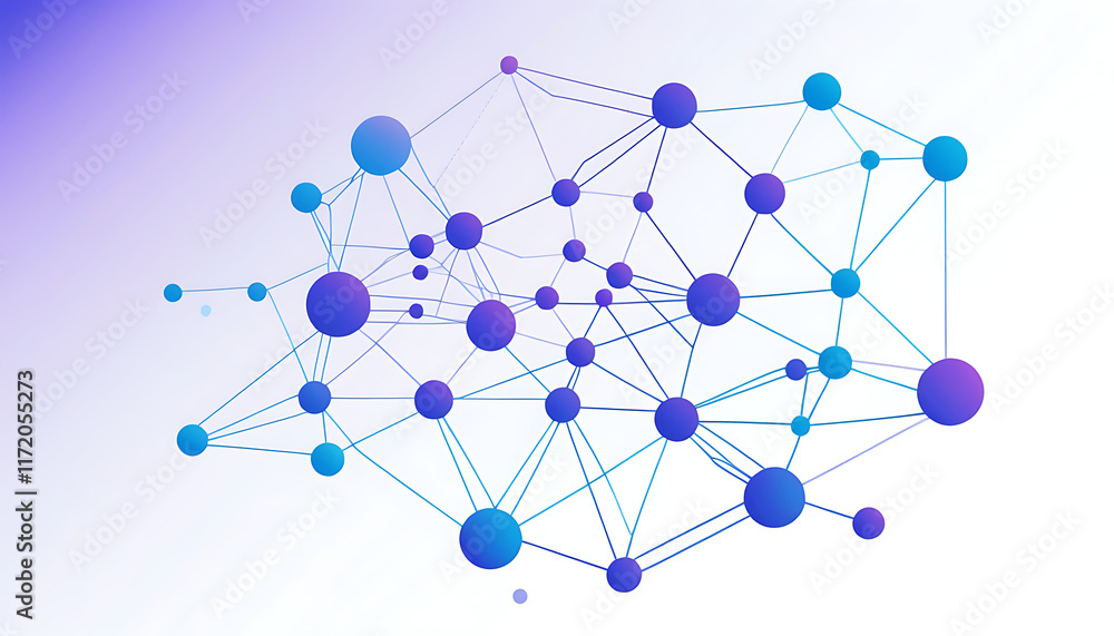 Poster white background, gradient blue to purple, vector graphic of simple lines and dots connecting the sh
