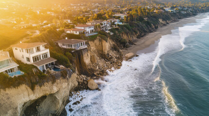 Aerial view of homes on cliff overlooking ocean, showcasing stunning coastal scenery and impact of erosion. sunset casts warm glow over landscape