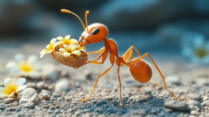 Ant carrying flowers in nutshell on gravel path, blurred flowers background.
