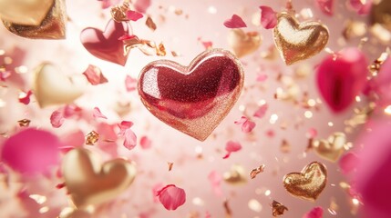 Pink and gold hearts soar through the air, creating a whimsical and romantic atmosphere perfect for Valentine's Day celebrations.
