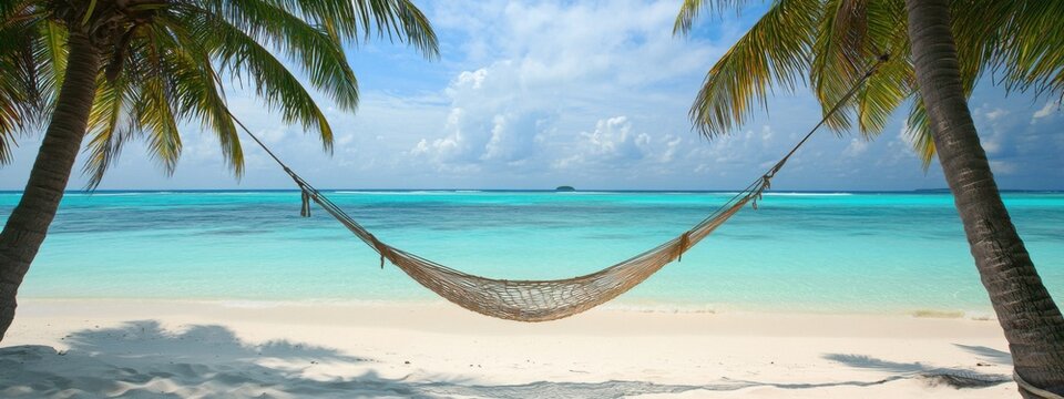A serene view of a tranquil beach with white sands, turquoise waters, and a hammock strung between two palm trees