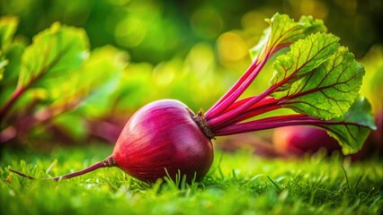 Miniature beetroot, close-up macro shot, mimicking a tilt-shift effect, nestled in rural garden grass.