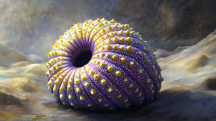 Delicate, intricately patterned shell of a sea urchin rests on a sandy ocean floor, its vibrant purple and yellow hues glistening in the soft, filtered light. Tidepool. Illustration