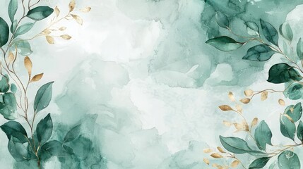 Abstract luxury wallpaper with golden botanical designs and watercolor layers in mint green